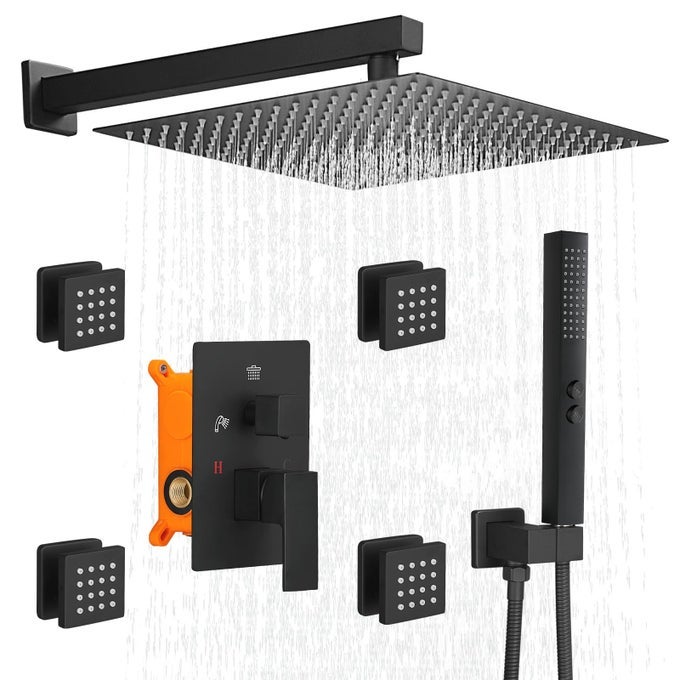 RAINFALL SHOWER SYSTEM WITH 4 FULL BODY JET 4 MODE SHOWER FAUCET SET WITH 12 INCH RAIN SHOWER HEAD AND 2 IN 1 HANDHELD SPRAY MATTE BLACK BRASS SHOWER JET SHOWER FIXTURES WALL MOUNTED