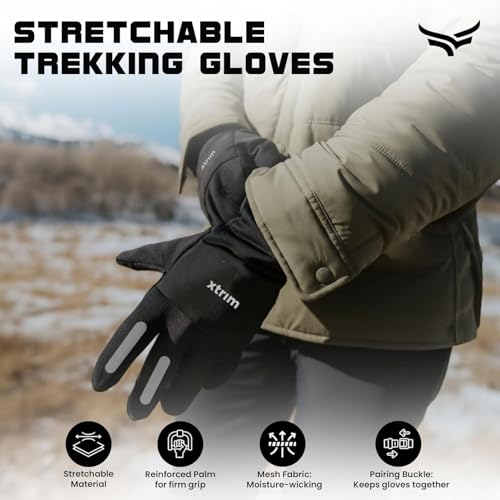 XTRIM Unisex Trekking Gloves for Bike Riding with Touchscreen Finger, Stretchable, Pairing Buckle, Breathable Mesh Fabric, Biking Gloves for Men, Woolen, Thermal Gloves (Black, 1 Pair) - Image 2