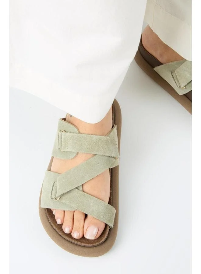 Tulipan Women's Real Leather Strappy Mint Green Slippers.