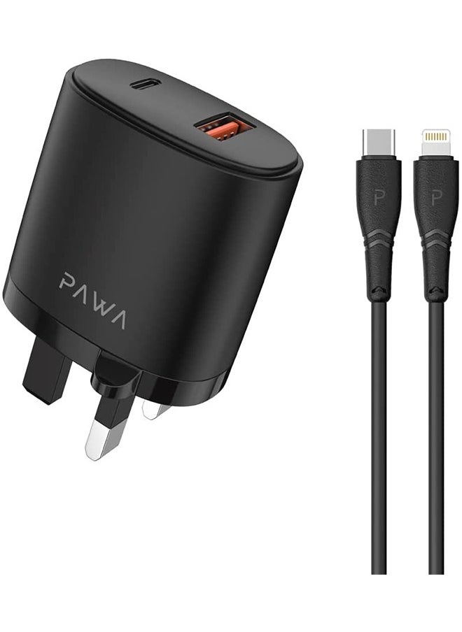 Wall Charger PD QC3.0 20W UK with Type C to Lightning Cable / Secure and saturated / Portable & Elegant / Wide compatibility - Black