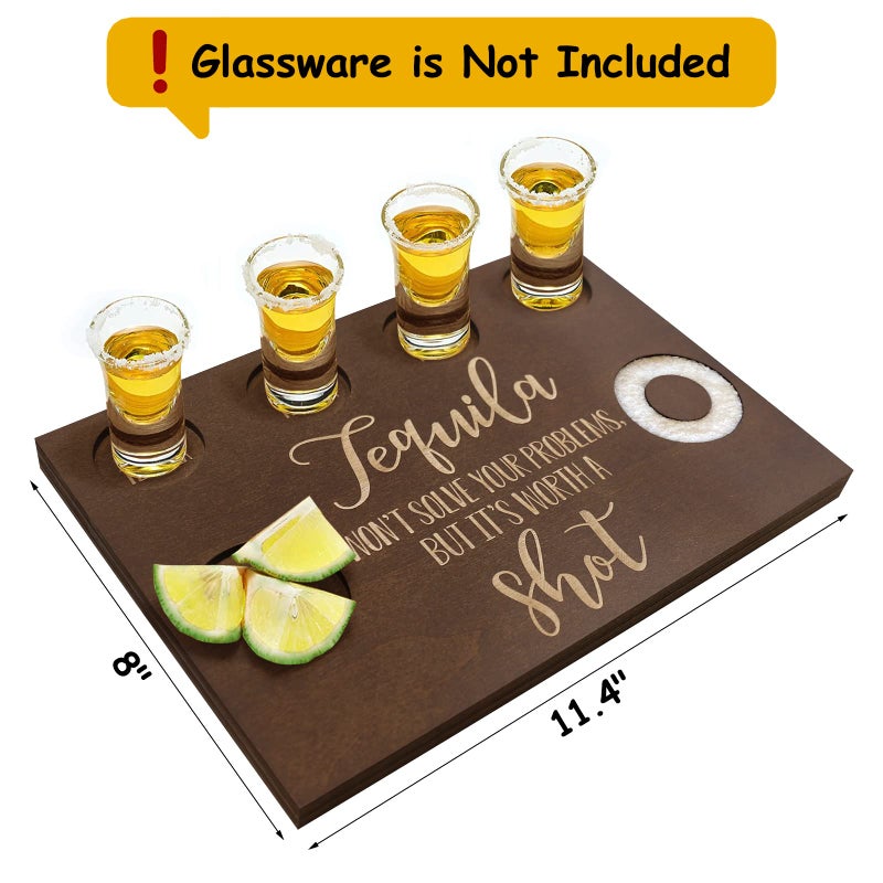 Huray Rayho Tequila Shot Board and Glass Holder Wooden Bar Tray with Salt Rim - For Liquor, Parties, Weddings, Housewarmings, Gifts - Image 4