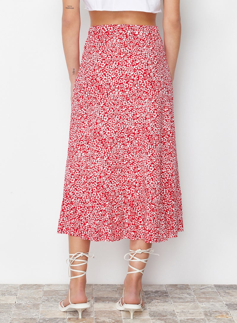 trendyol Red Printed High Waist Stretch Skirt with Gather Detail and Flounce TWOSS21ET0029 - Image 4
