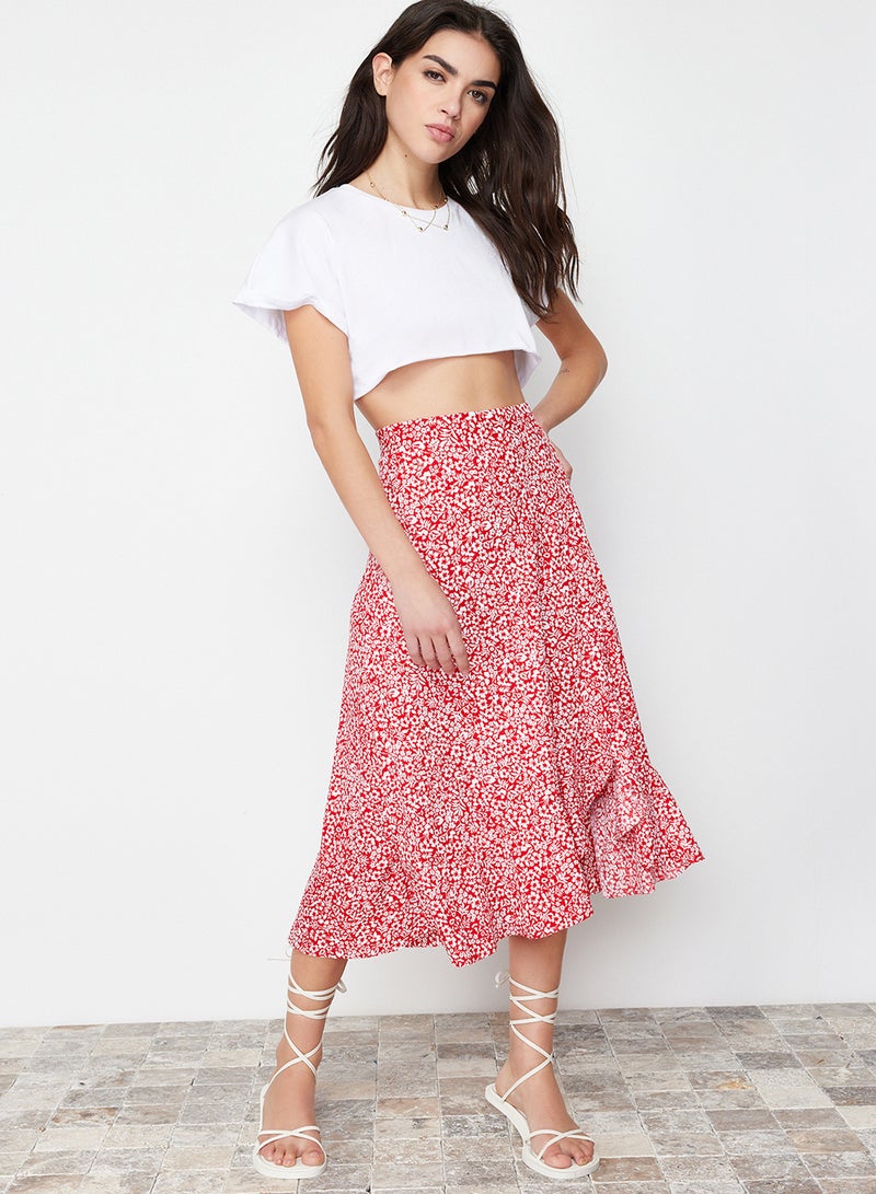 trendyol Red Printed High Waist Stretch Skirt with Gather Detail and Flounce TWOSS21ET0029 - Image 1