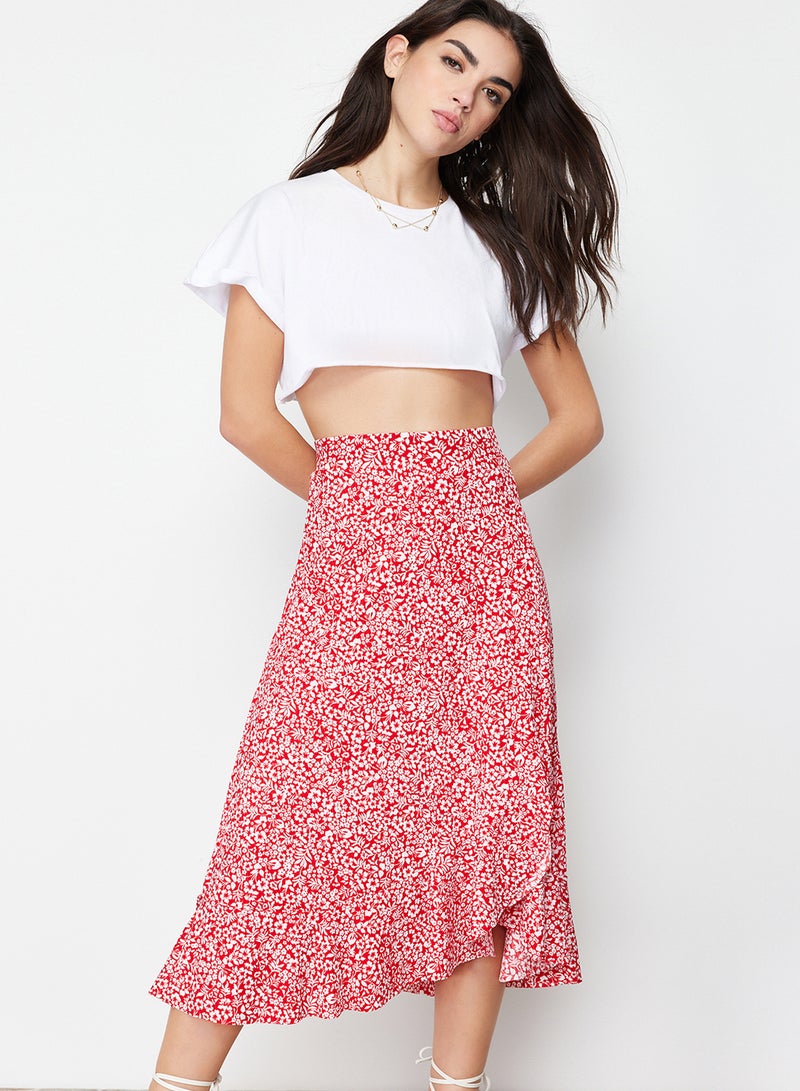 trendyol Red Printed High Waist Stretch Skirt with Gather Detail and Flounce TWOSS21ET0029 - Image 2
