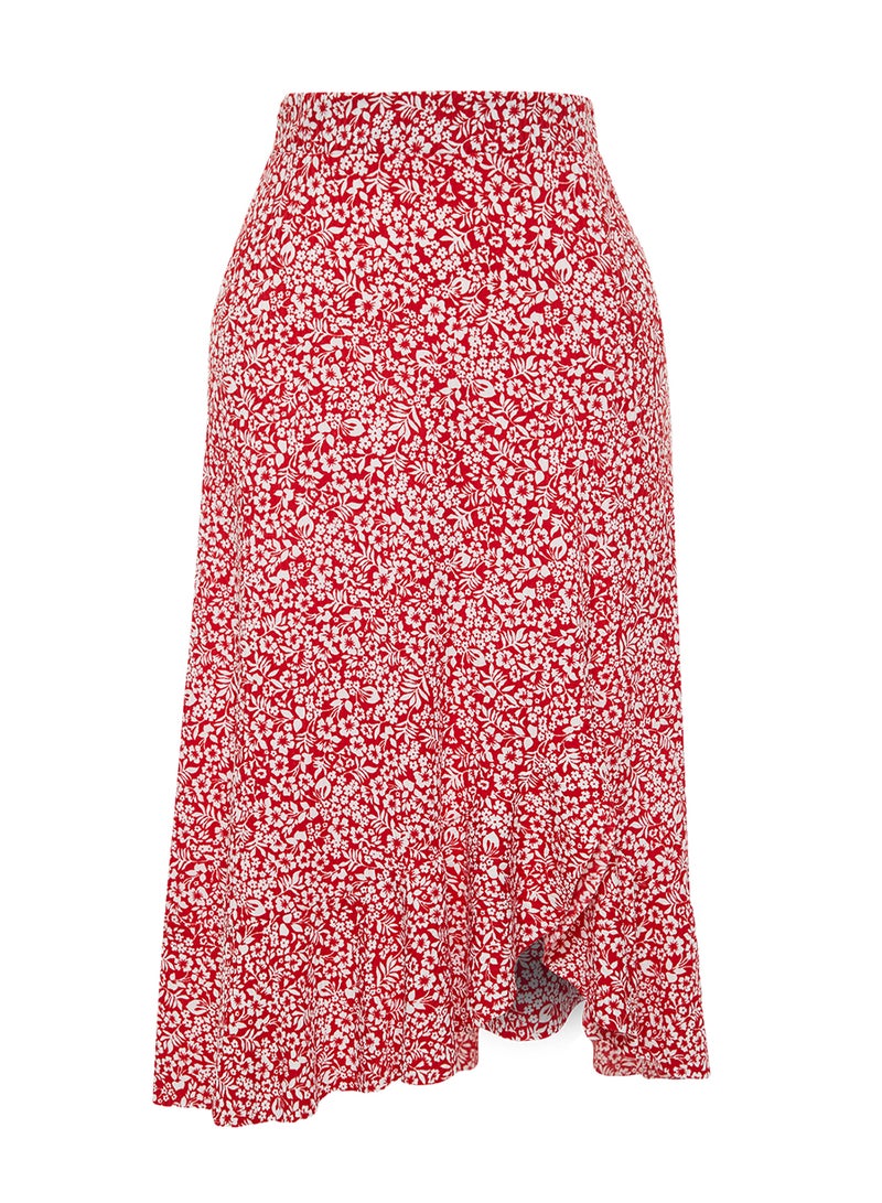 trendyol Red Printed High Waist Stretch Skirt with Gather Detail and Flounce TWOSS21ET0029 - Image 5