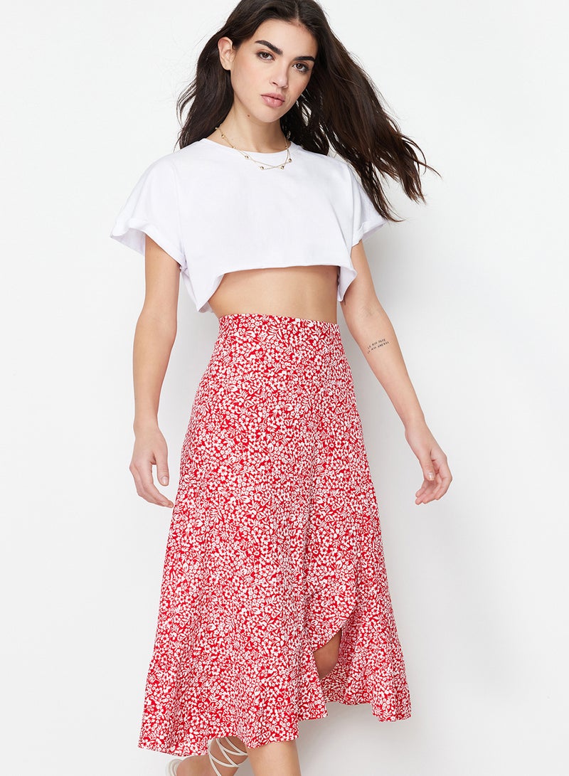 trendyol Red Printed High Waist Stretch Skirt with Gather Detail and Flounce TWOSS21ET0029 - Image 3