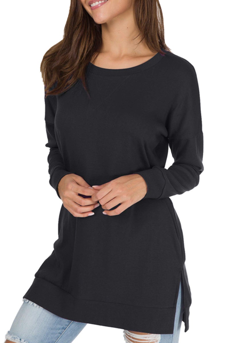 levaca Womens Fall Long Sleeve Plus Pullover Side Split Loose Casual Tunic Tops Black M - Image 2