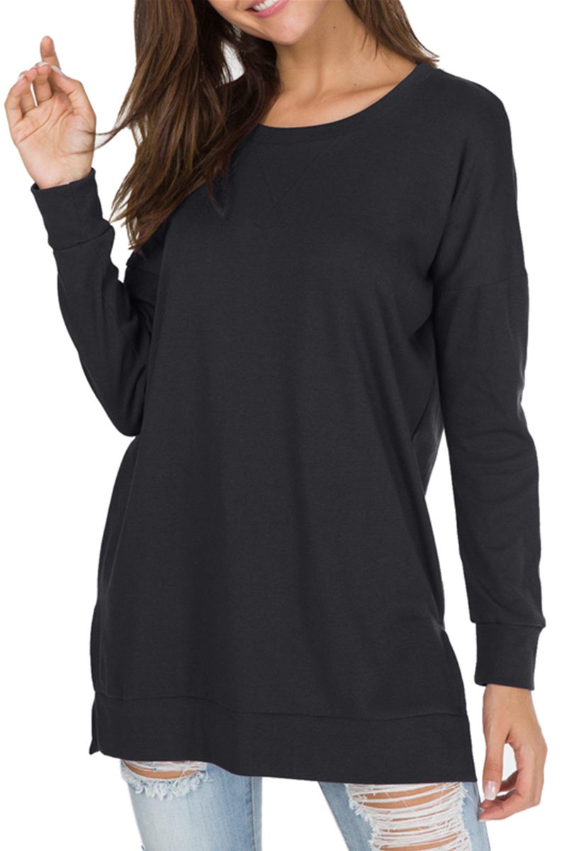 levaca Womens Fall Long Sleeve Plus Pullover Side Split Loose Casual Tunic Tops Black M - Image 3