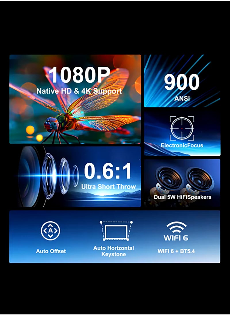 BESTIS Portable Projector 4K Supported, 900 ANSI Lumens, Ultra Short Throw 0.6:1, Auto Focus/Offset/Keystone, Dual 5W HiFi, WiFi 6/BT5.4, 26000:1 Contrast  - Image 2