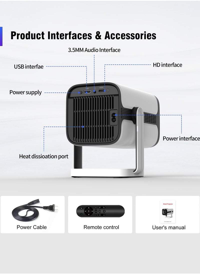 Portable Projector 4K Supported, 900 ANSI Lumens, Ultra Short Throw 0.6:1, Auto Focus/Offset/Keystone, Dual 5W HiFi, WiFi 6/BT5.4, 26000:1 Contrast