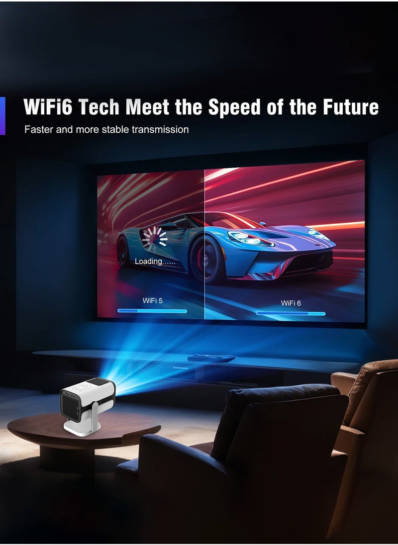 Portable Projector 4K Supported, 900 ANSI Lumens, Ultra Short Throw 0.6:1, Auto Focus/Offset/Keystone, Dual 5W HiFi, WiFi 6/BT5.4, 26000:1 Contrast