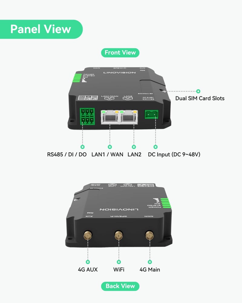 LINOVISION Industrial 4G LTE Cat4 Cellular Router with Wi-Fi, Enhanced Signal for Remote Sites, Dual SIM Slots, DTU Gateway for RS485 devcie, IoT Sensors, Solar Power Cameras, M2M, Vehicles - Image 2