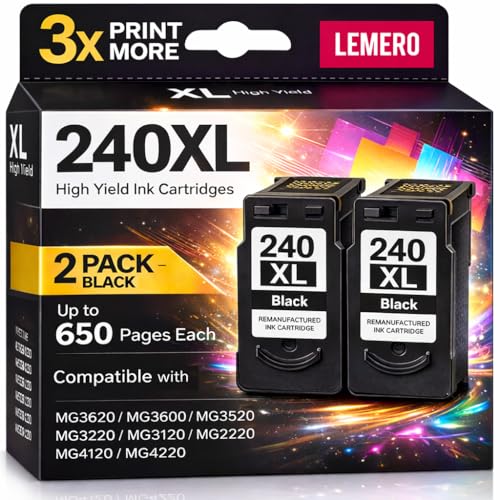 LEMERO PG-240 XL 240XL Black Ink Cartridge Remanufactured for Canon 240XL Ink Cartridge Work with Canon PIXMA MG3620 MG2120 MG3120 MG4120 MG2220 MG3220 MG3520 MX472 TS5120 Printers (Black, 2-Pack) - Image 1