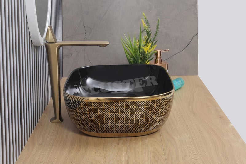 CLUSTER Designer Table Top Wash Basin For Bathroom Ceramic Bathroom Sink Over Counter Wash Basin for Hotel Resturent 18 x 13 x 55 Inch Glossy Black and Golden - Image 3