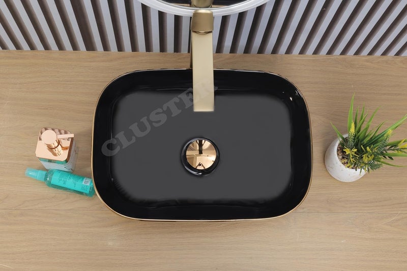CLUSTER Designer Table Top Wash Basin For Bathroom Ceramic Bathroom Sink Over Counter Wash Basin for Hotel Resturent 18 x 13 x 55 Inch Glossy Black and Golden - Image 4