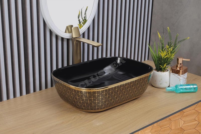 CLUSTER Designer Table Top Wash Basin For Bathroom Ceramic Bathroom Sink Over Counter Wash Basin for Hotel Resturent 18 x 13 x 55 Inch Glossy Black and Golden - Image 1