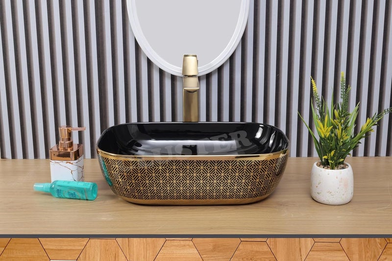 CLUSTER Designer Table Top Wash Basin For Bathroom Ceramic Bathroom Sink Over Counter Wash Basin for Hotel Resturent 18 x 13 x 55 Inch Glossy Black and Golden - Image 2