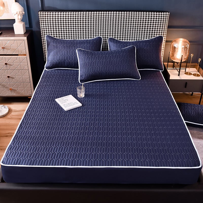 Cross-border factory direct supply quilted mattress three-piece non-slip dust-proof bedspread all-inclusive protective cover bedding wholesale dark blue one pillowcase - Image 2