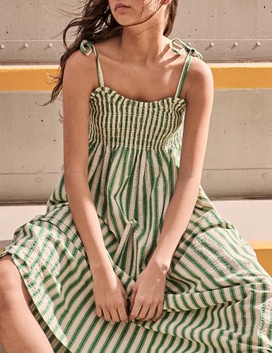 Lentta Women's Striped Smocked Maxi Dress Causal Spaghetti Strap Stretchy Flowy Swing Long Dress with Pockets(Green-S) - Image 2