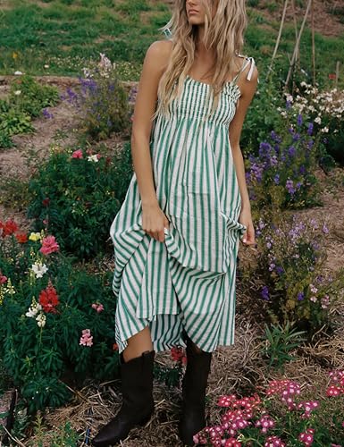 Lentta Women's Striped Smocked Maxi Dress Causal Spaghetti Strap Stretchy Flowy Swing Long Dress with Pockets(Green-S) - Image 3