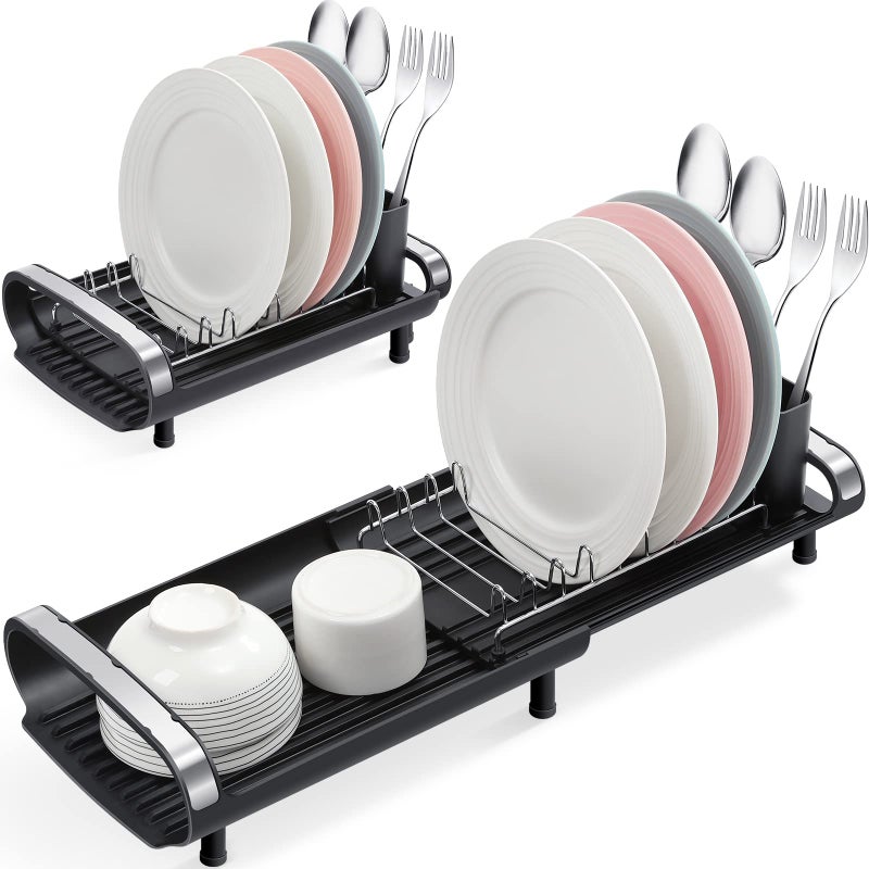 KINGRACK Small Dish Drainer Expandable Dish Drainer Rack Dish Rack With Removable Cutlery Holder Anti Rust Small Sink Drainer Expandable Draining Board Rack For Kitchen Counter Black