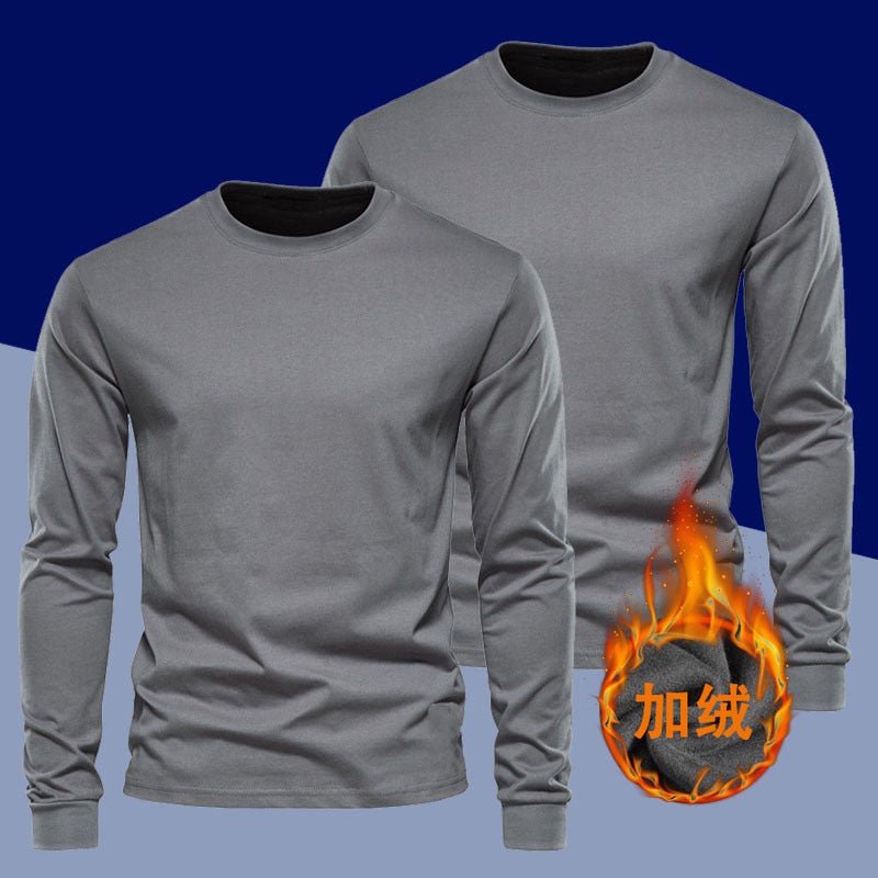 Trendy White T-Shirt Men'S Long-Sleeved T-Shirt Thin Velvet Pure Cotton Body Pure Color Inner Youth Drawstring Bottoming Shirt - Image 1
