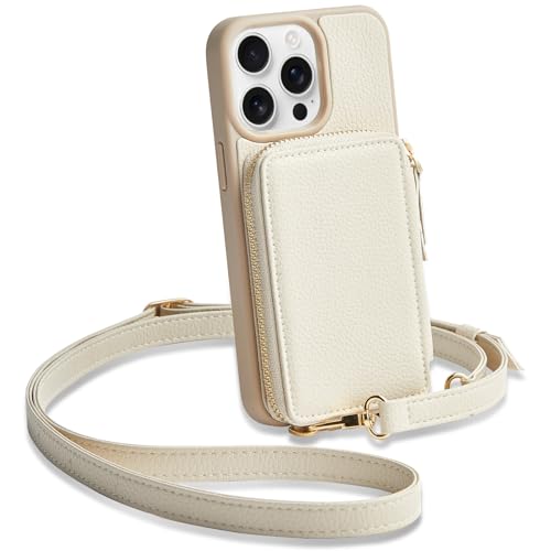 ZVE for iPhone 15 Pro Max Wallet Case Crossbody Card Holder Phone Purse for Women RFID Blocking Zipper Leather Cover with Wrist Strap for iPhone 15 Pro Max 67 inch Beige - Image 1