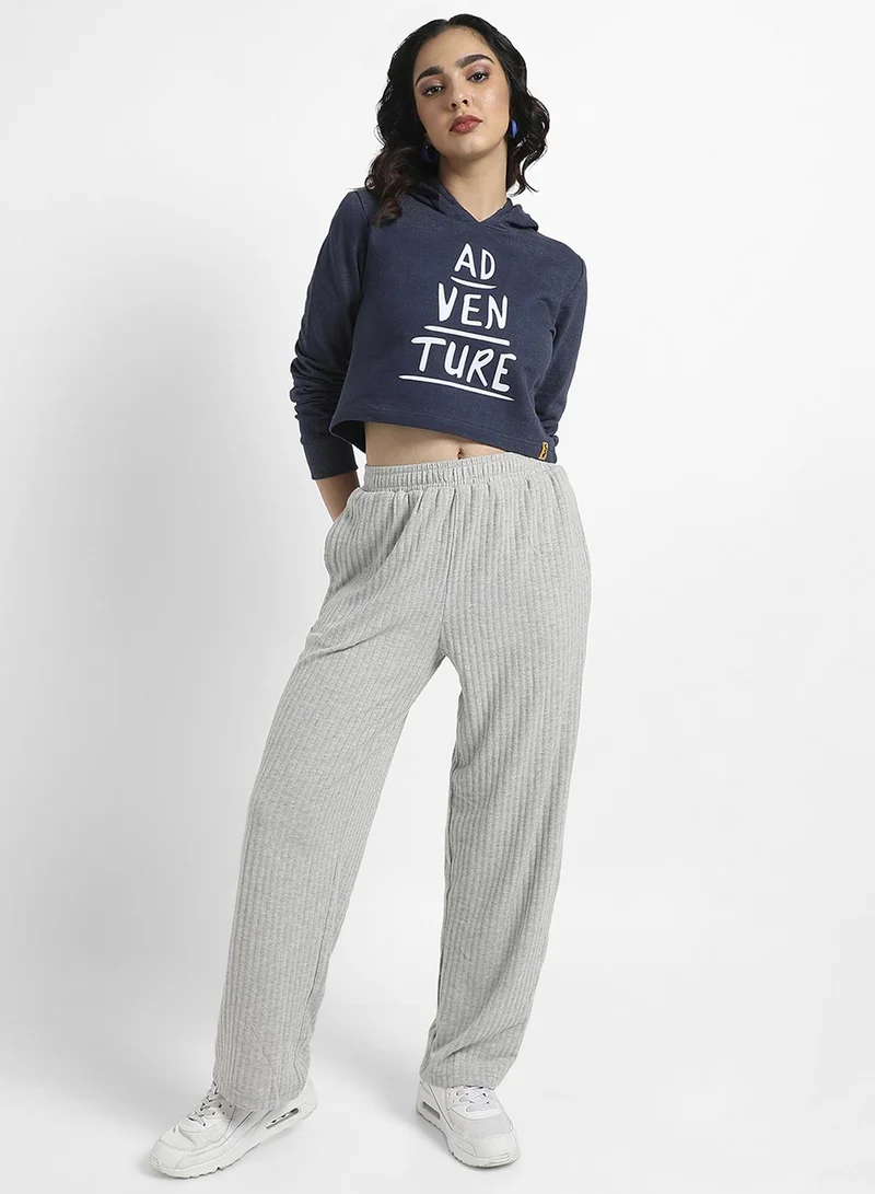 Campus Sutra Women's Navy Blue Adventure Print Crop Hoodie