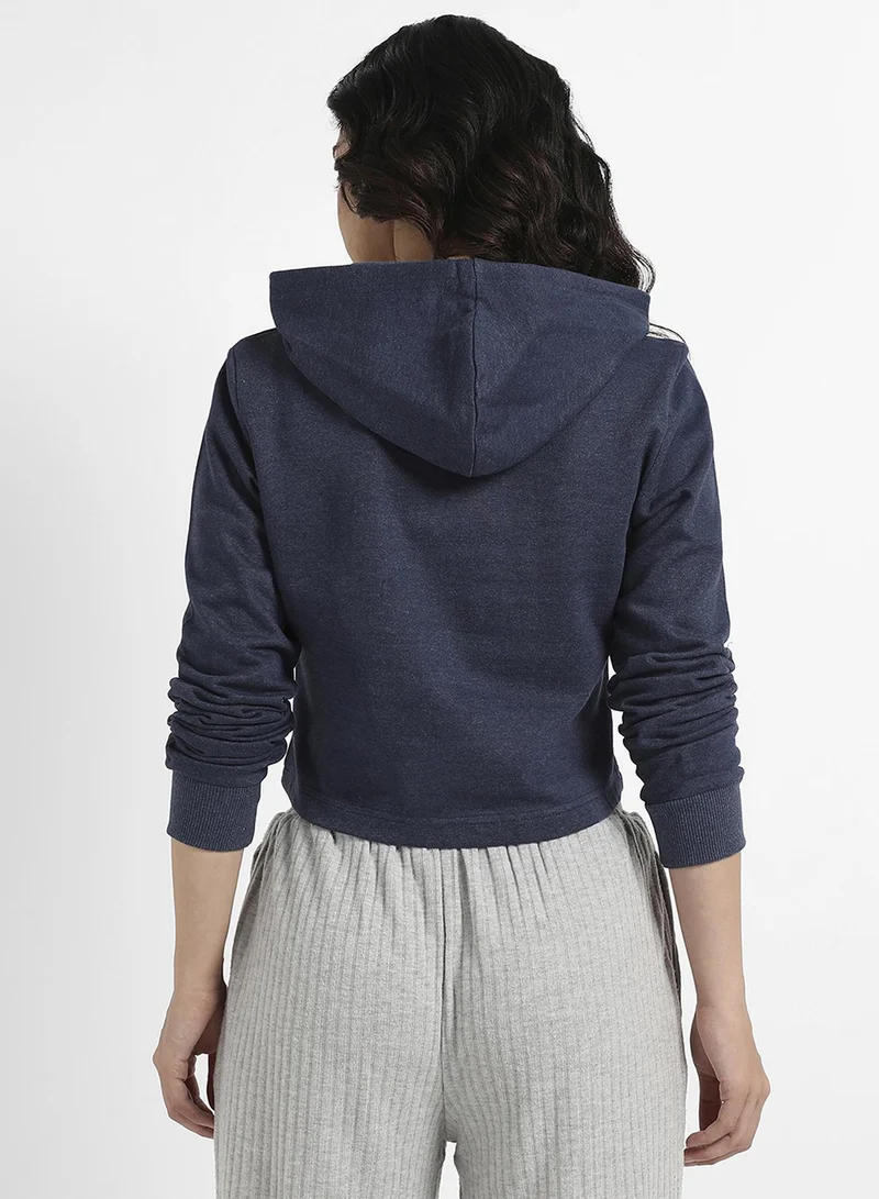 Campus Sutra Women's Navy Blue Adventure Print Crop Hoodie