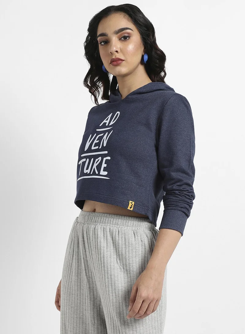 Campus Sutra Women's Navy Blue Adventure Print Crop Hoodie