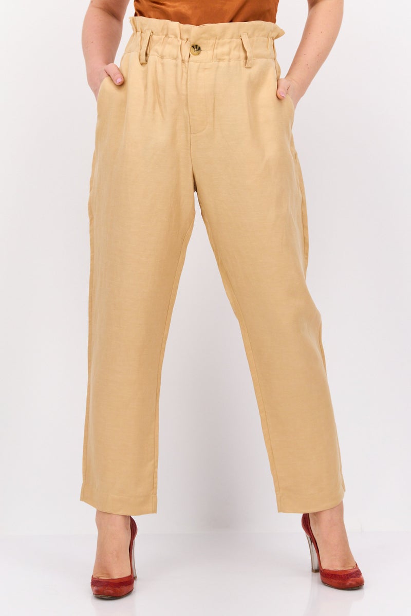 Scotch & Soda Women Regular Fit Textured Belted Straight Leg Pants, Tan - Image 1