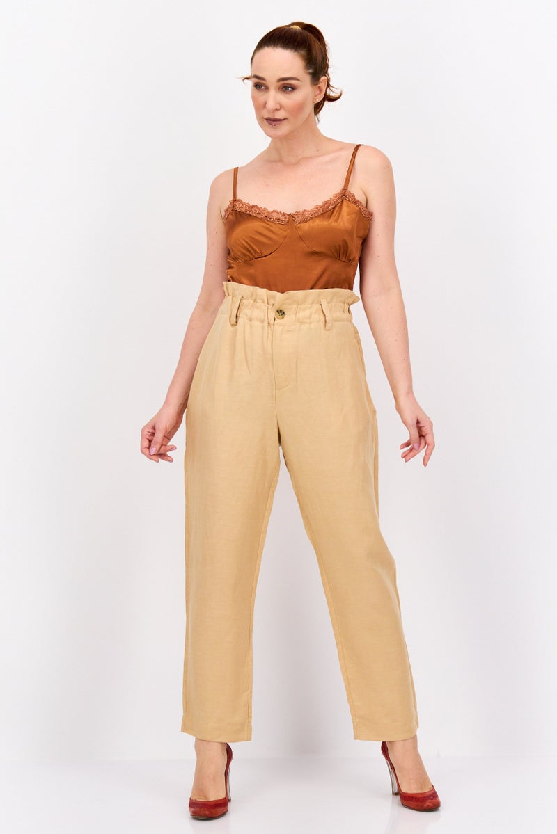 Scotch & Soda Women Regular Fit Textured Belted Straight Leg Pants, Tan - Image 4