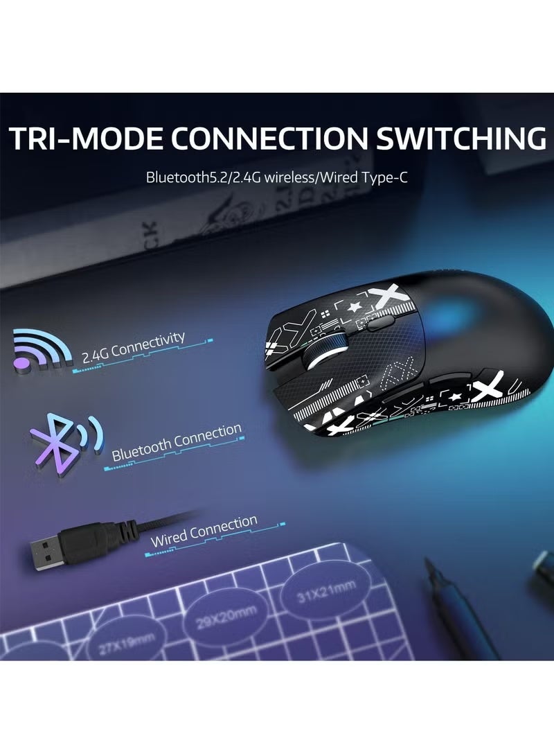 هجوم القرش فأرة Attack Shark R1 59 جرام سوبر لايت مع شريط، لاسلكية/سلكية بلوتوث/2.4 جيجا هرتز للجيمنغ، 6 مستويات دقة حتى 18000، بطارية 65 ساعة (أسود + ملصقات) - Image 4