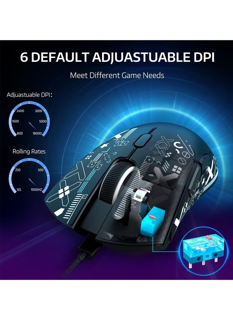 هجوم القرش فأرة Attack Shark R1 59 جرام سوبر لايت مع شريط، لاسلكية/سلكية بلوتوث/2.4 جيجا هرتز للجيمنغ، 6 مستويات دقة حتى 18000، بطارية 65 ساعة (أسود + ملصقات) - Image 5