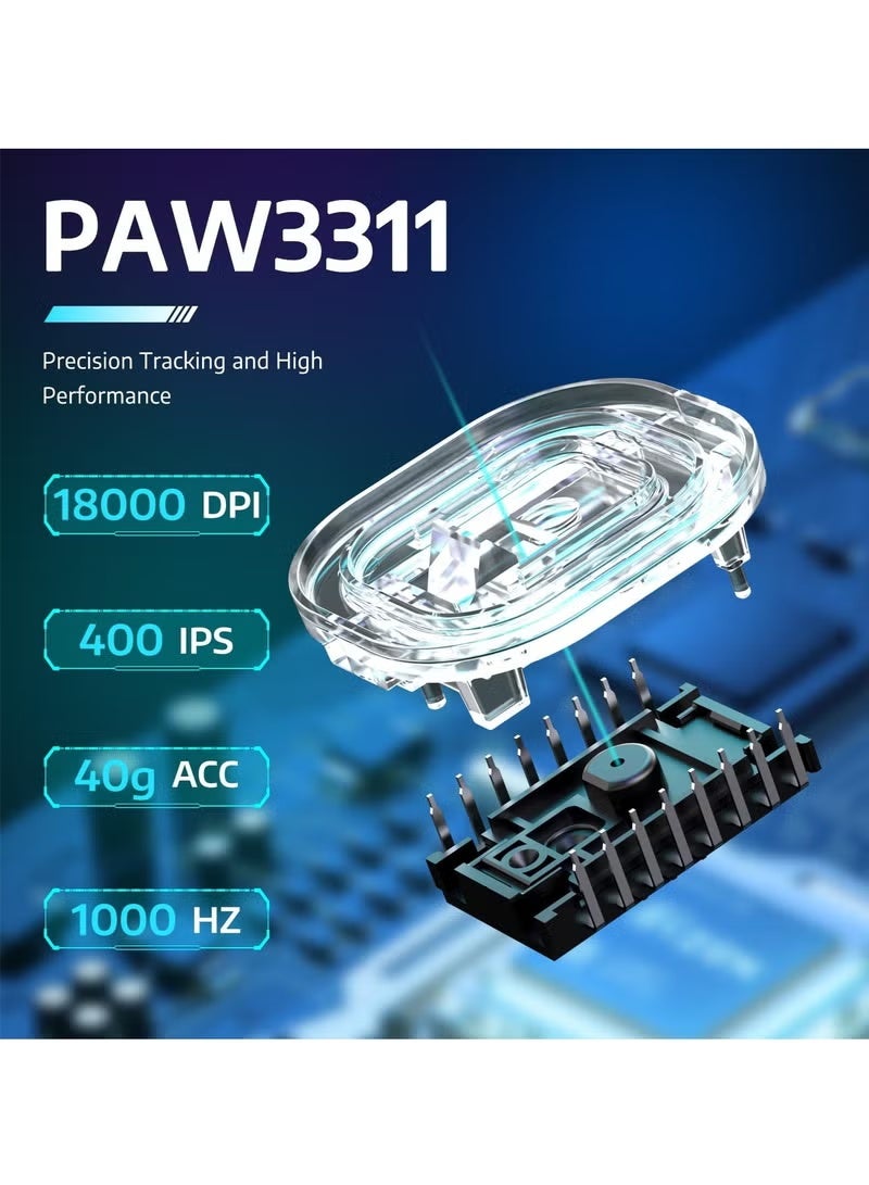 هجوم القرش فأرة Attack Shark R1 59 جرام سوبر لايت مع شريط، لاسلكية/سلكية بلوتوث/2.4 جيجا هرتز للجيمنغ، 6 مستويات دقة حتى 18000، بطارية 65 ساعة (أسود + ملصقات) - Image 3