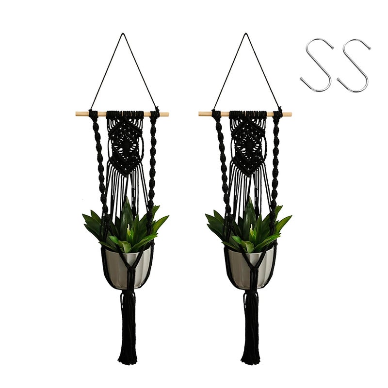 Artilady Black Plant Hanger Macrame Hanging Planter for Indoor Boho Plants Holder with Hooks Hanging Plant Basket Outdoor Window Wall Plants Home Decor (Black Wood Hanger-2pcs) - Image 1