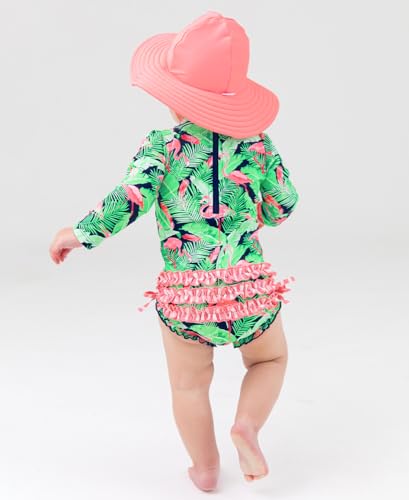 RuffleButts Baby Girls UPF 50+ Sun Protection Tropical Print Long Sleeve One Piece Rash Guard Swimsuit with Zipper - Flamingo Frenzy, 18-24m - Image 4
