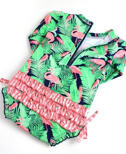 RuffleButts Baby Girls UPF 50+ Sun Protection Tropical Print Long Sleeve One Piece Rash Guard Swimsuit with Zipper - Flamingo Frenzy, 18-24m - Image 5