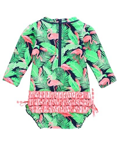 RuffleButts Baby Girls UPF 50+ Sun Protection Tropical Print Long Sleeve One Piece Rash Guard Swimsuit with Zipper - Flamingo Frenzy, 18-24m - Image 3