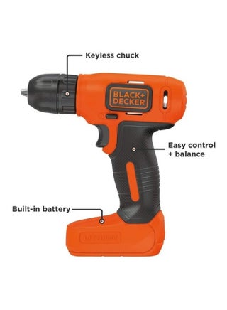 7.2V Li-Ion Cordless Electric Compact Drill Driver For Screwdriving & Fastening with 7 Pieces Screwdriver Bitset, Orange/Black - BDCD8MEA1-B5,2 years warranty Orange/Black - view 2