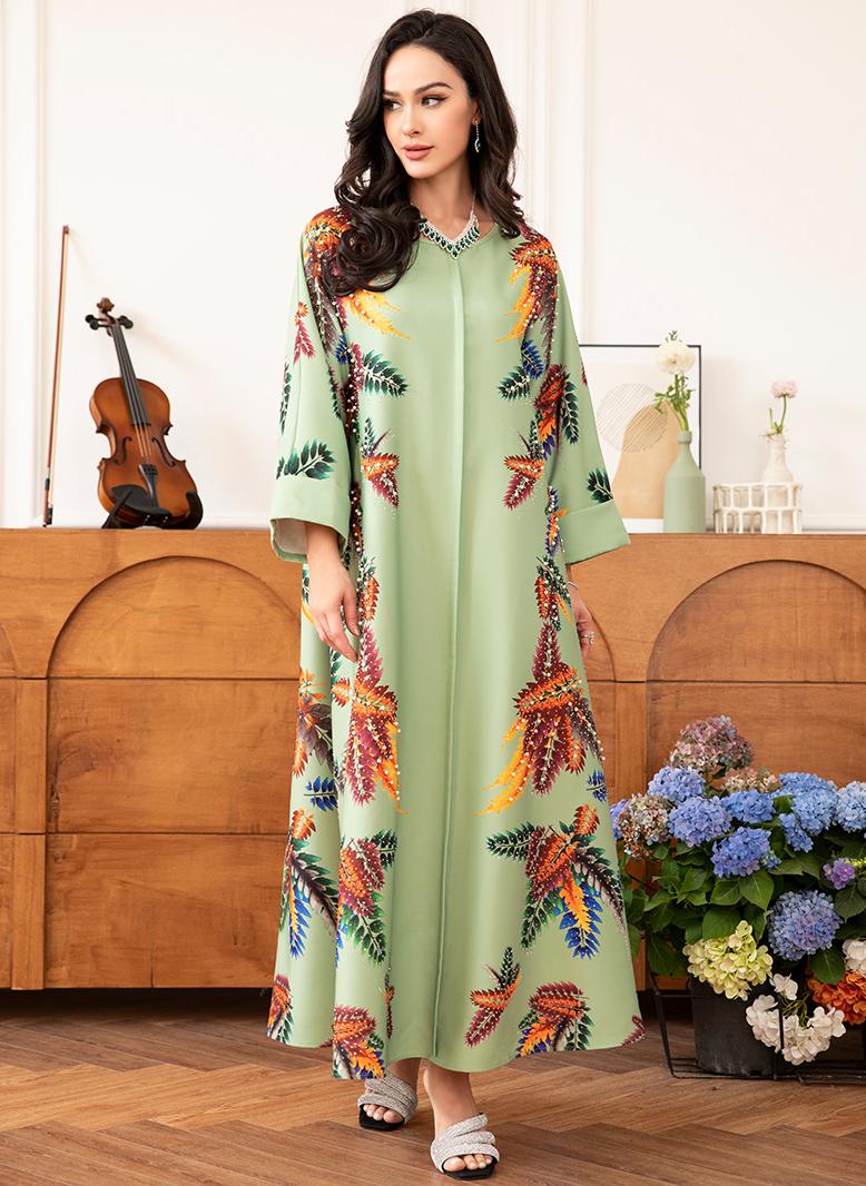 فرايديين انيق لبس العطلة دائري زهري مشجر حبة حجحر الراين كم منتظم قفطان اخضر فاتح - Image 1