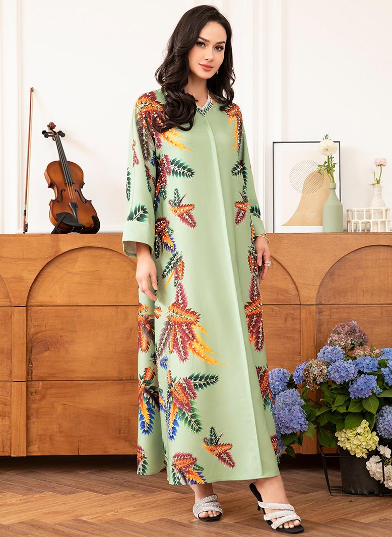 فرايديين انيق لبس العطلة دائري زهري مشجر حبة حجحر الراين كم منتظم قفطان اخضر فاتح - Image 3