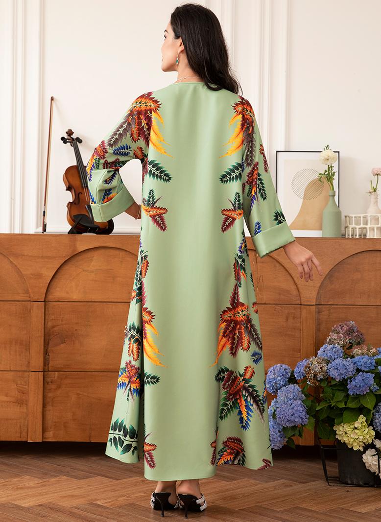 فرايديين انيق لبس العطلة دائري زهري مشجر حبة حجحر الراين كم منتظم قفطان اخضر فاتح - Image 2