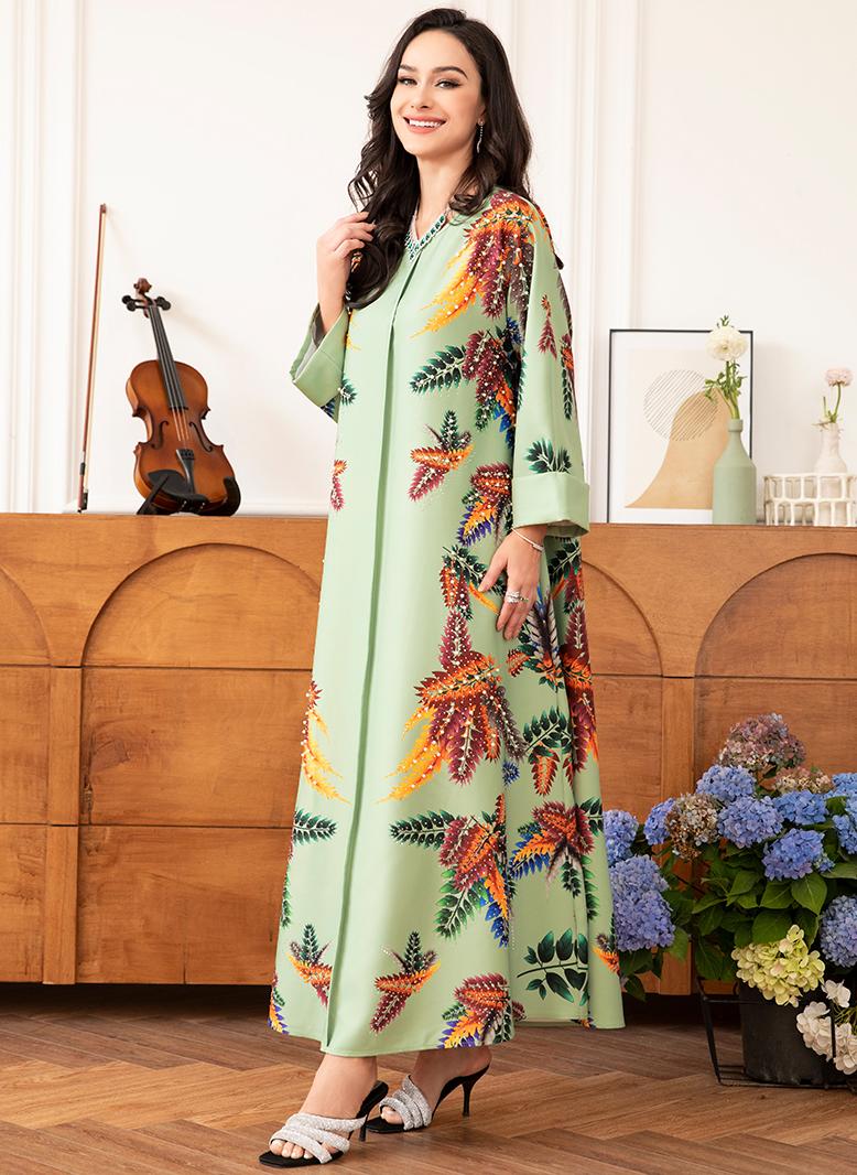 فرايديين انيق لبس العطلة دائري زهري مشجر حبة حجحر الراين كم منتظم قفطان اخضر فاتح - Image 4