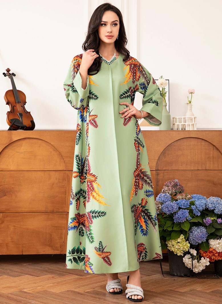 فرايديين انيق لبس العطلة دائري زهري مشجر حبة حجحر الراين كم منتظم قفطان اخضر فاتح - Image 5