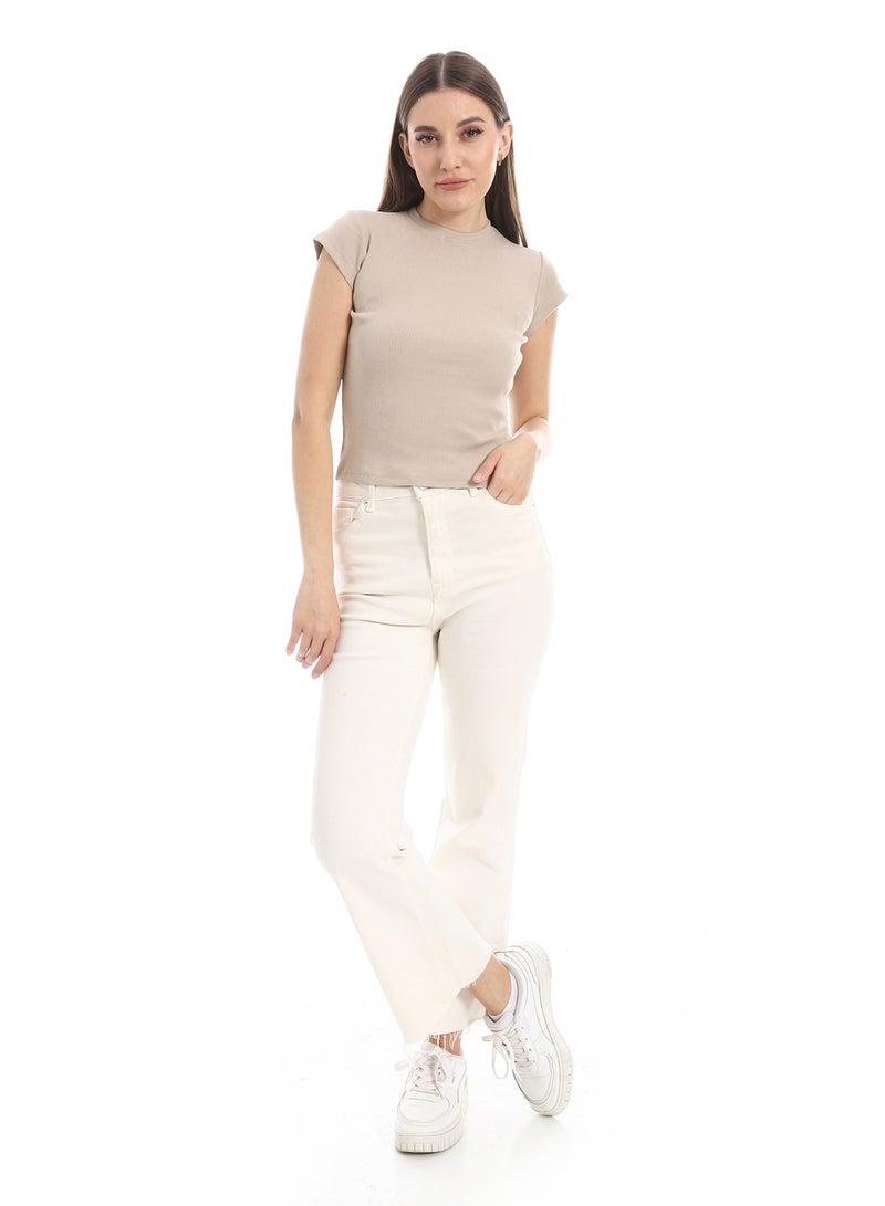 Andora Cap Sleeves Crew Neck Beige Top_Beige - Image 4