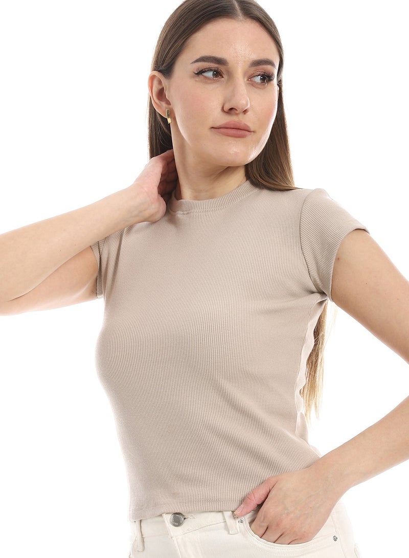 Andora Cap Sleeves Crew Neck Beige Top_Beige - Image 3