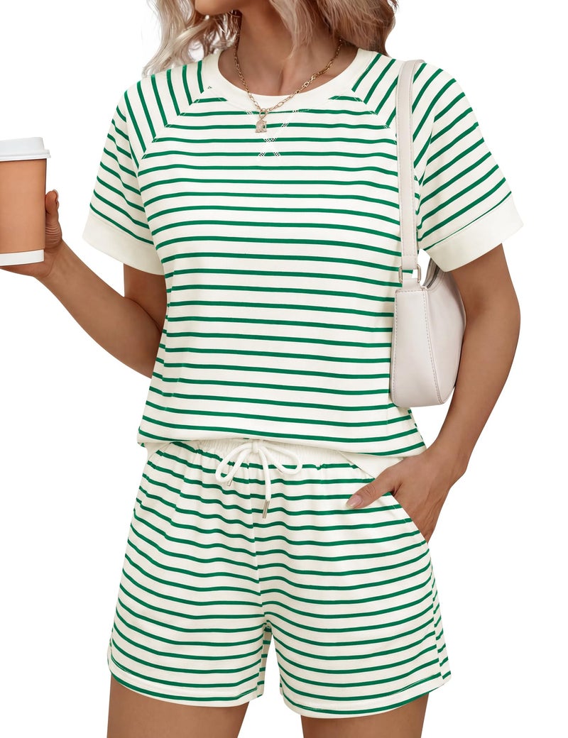 LOMON Womens Two Piece Outfits Summer Womens Short Sets for Summer Comfy Sets for Women Clothing Loose Fit Green Stripe L - Image 1