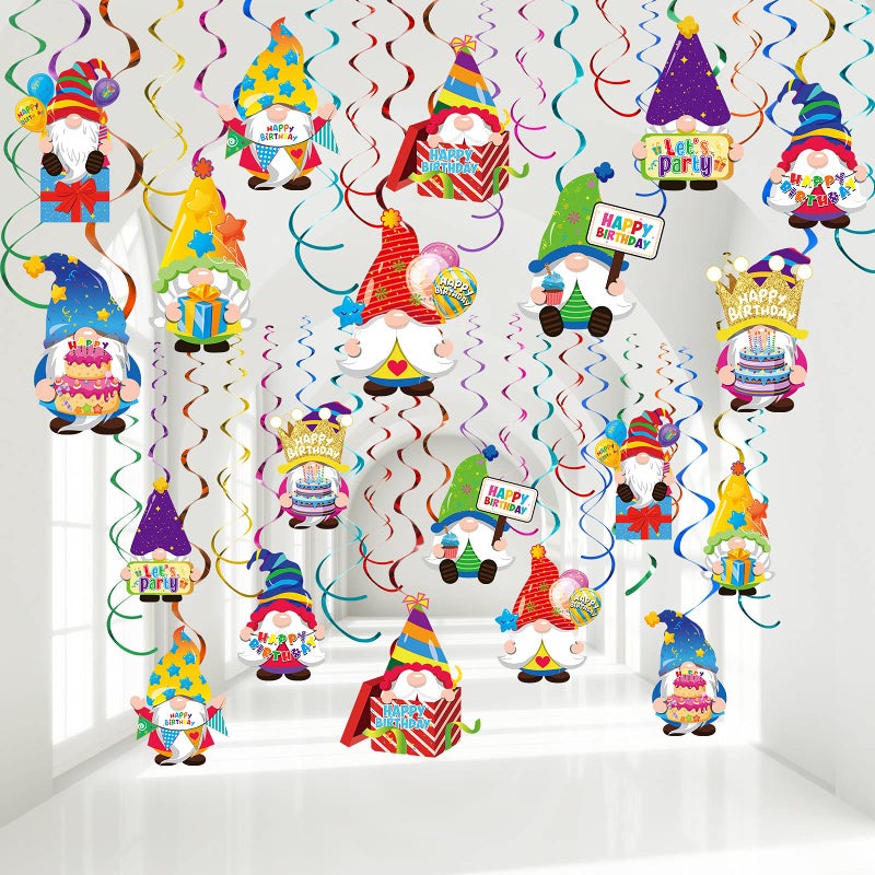 Nezyo 30 Pieces Gnome Birthday Party Decorations Happy Birthday Swirls Decorations Gnomes Hanging Swirls Ceiling Streamers for Party Decor Supplies Ornaments, 10 Patterns - Image 1
