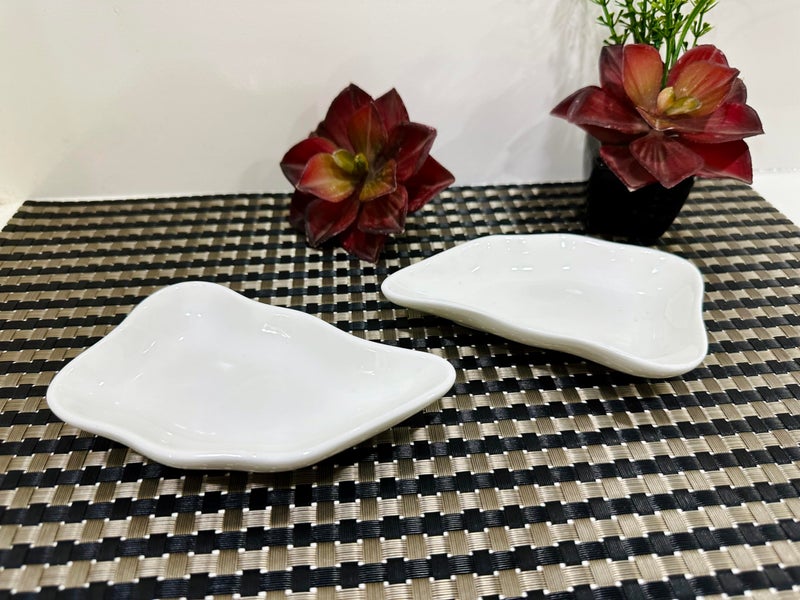 ALTAICA Porcelain White Ceramic 50ml Small Sauce Bowl Set of 2 Mini Dip Bowls for Serving Chutney, Salsa, Pickle, Sauce - Unique Shape - Image 1